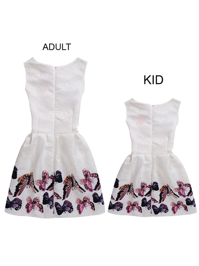 White Sleeveless Fit and Flare Style Colorful Butterfly Floral Family Matching Clothes Happy Family Holiday Mini Dress Back View