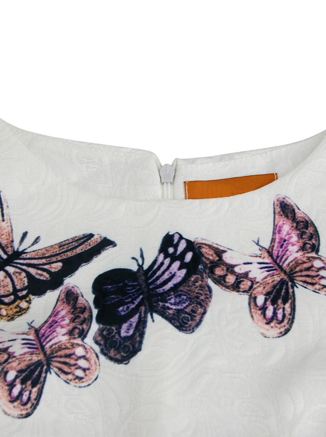 Spring Casual Aline White Round Neck Casual Butterfly Jacquard Vintage Print Swing Party Dress for Women and Child Detail View