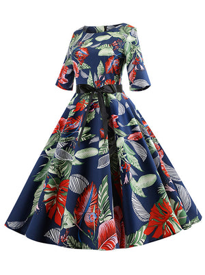 Vintage Style Leaf Printed Full Circle Flared Blue Junior Spring Homecoming Midi Dress Side View