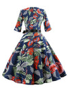 Blue Vintage Half Sleeve Round Neck Audrey Hepburn Style Holiday Dress for Women Back View
