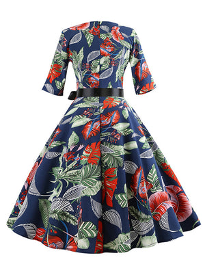 Blue Vintage Half Sleeve Round Neck Audrey Hepburn Style Holiday Dress for Women Back View