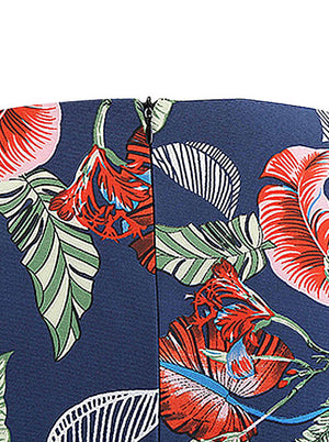 Vintage Red Leaf Print Round Neck Fashion Rockabilly Blue Evening Club Wear Midi Dress for Women Detail View