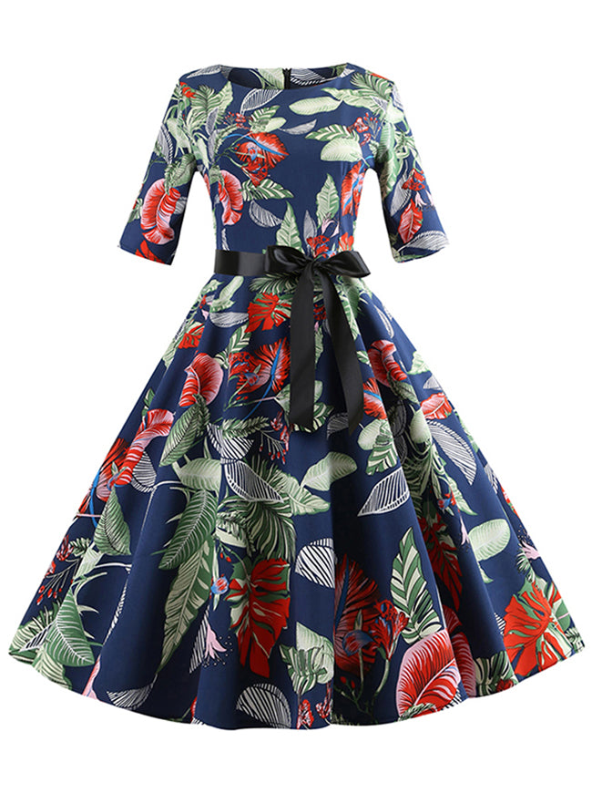 Vintage Style Leaf Printed Full Circle Flared Blue Junior Spring Homecoming Midi Dress Side View
