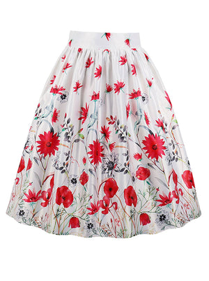 White and Red Vintage Floral Printed Full Circle Flare Style Halloween Skirt for Women Detail View