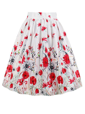 Vintage Casual High Waisted A-Line Red Floral Printed Flare Skirt Main View