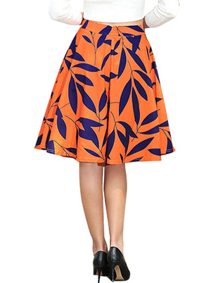 Retro Rockabilly Knee Length Leaf Print A Line Skirt
