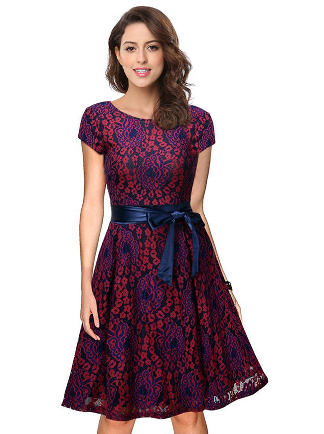 Short Sleeved Vintage Floral Lace Cocktail Party Swing Dress