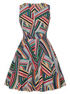 Women Retro Fashion Summer Irregular Stripes High Waist Tea Length Rockabilly Party Dress Back View