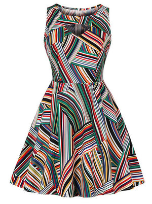 Sleeveless Retro Style Irregular Stripes Fit Flared Swing Dress Mian View