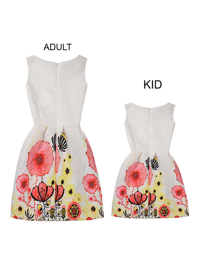 Jacquard Sleeveless A-Line Butterfly Floral Print Casual Dress with Zipper for Adult and Child