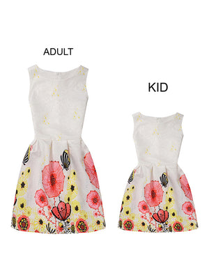 Jacquard Sleeveless A-Line Butterfly Floral Print Casual Dress with Zipper for Adult and Child