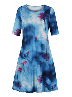 Fashion Spring Summer Casual T Shirt Short Sleeve Swing Casual Floral Printed T-Shirt Loose Dress Front View
