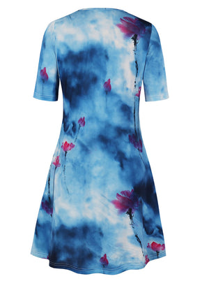 Casual Work Women Blue Floral T-Shirt Short Sleeve Round Neck Swing Dress Detail View