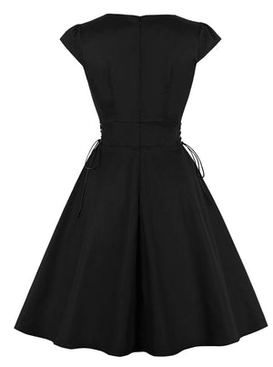Vintage Embroidery Cocktail Cap Sleeve Retro Swing Dress Back View