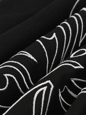 Elegant Classical Vintage Women Black Embroidery Cap Sleeve Knee Length A-Line Dress Detail View