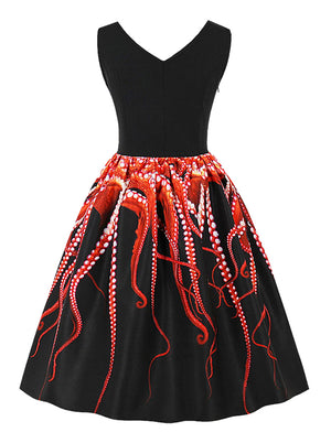 V-neck Sleeveless Unique 3D Digital Octopus Tentacle Print Dress