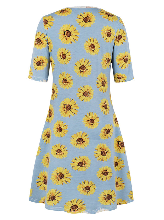 Women Juniors Casual Yellow Floral Print T-Shirt Loose Dress Back View