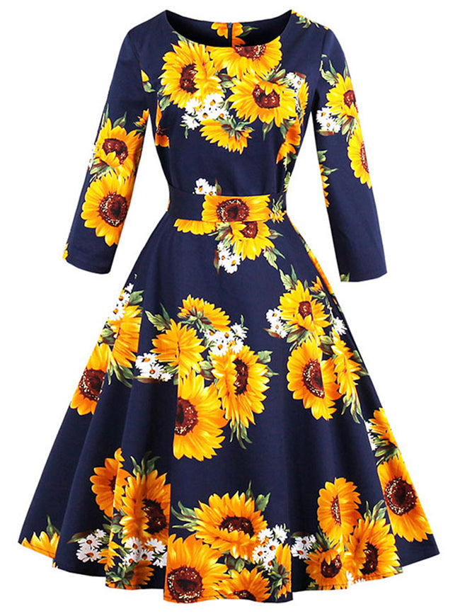 Vintage Classic Sunflower 3/4 Sleeve Floral Pattern Pin Up Wedding Party Dress for Women Detail View