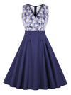 Vintage Polka Dot Printed V Neck Sleeveless Button Patchwork Cocktail Swing Dresses