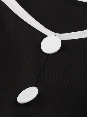 Black and White Simple Retro Style A-Line Elegant Cotton Knee Length Button Dress for Women Detail View