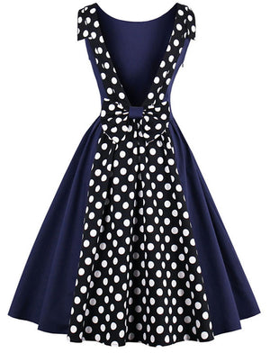 Blue Vintage Polka Dot Sexy Printed V-Back High Waist Knee Length Cocktail Dress for Women Back View