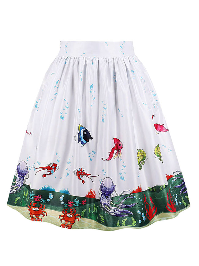 Elegant Cartoon Pattern A-Line High Waisted Cotton Knee Length Colorblock Skirt for Women Detail View