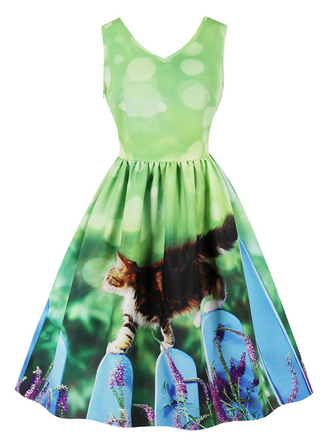 Fashion 3D Pattern Cute Kitten Print A-line Casual Spring Summer Dress