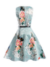 Sleeveless Fit and Flare Style Audrey Vintage Floral Swing Knee Length Dress with Belted for Kids Girl Back View