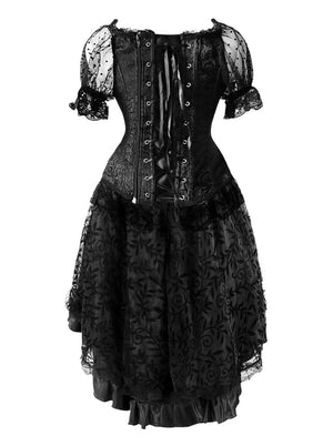 Classical Vintage Palace Series Women Black Lace Mesh Gothic Steampunk Lace Up Corset Dress Back View