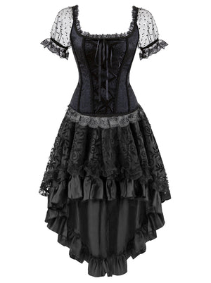 Floral Short Sleeves Steampunk Gothic Halloween Costume Renaissance Corset with Hi Low Skirt Set