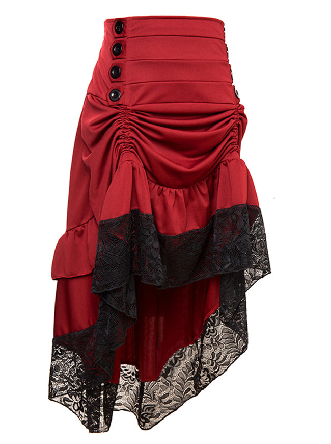 Red Steampunk Gothic High Low Cyberpunk Victorian Multi Layered Halloween Costume Skirt for Women Side View