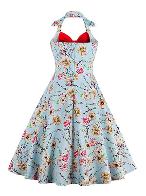 50s Style Cocktail Vintage Floral Print Rockabilly Dress with Halter