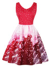 V Neck Sleeveless Christmas Tree Printed Flared Cocktail Party Dress