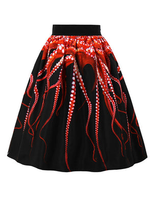 Vintage Casual High Waisted A-Line Octopus Printed Flare Skirt