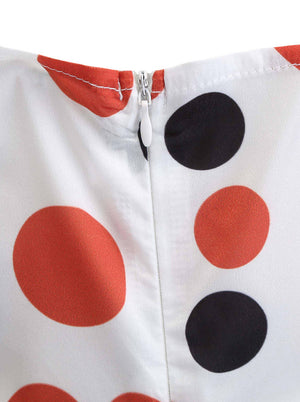 Red and Black Polka Dots Print Cocktail Party White Bridesmaid Wedding Guest Dress Detail View