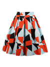 Red Casual Pleated Vintage Skirts Geometric Print Colorful Skirt for Women Detail View