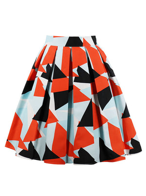 Vintage Retro Casual Knee Length High Waisted A-Line Triangle Print Colorful Pleated Skirt Main View