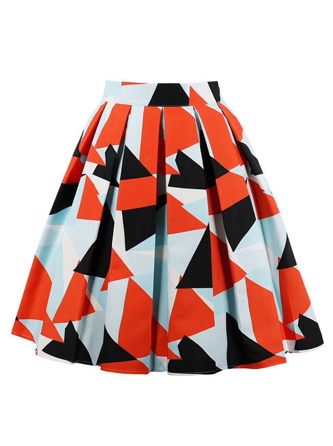 Vintage Retro Casual Knee Length High Waisted A-Line Triangle Print Colorful Pleated Skirt Main View