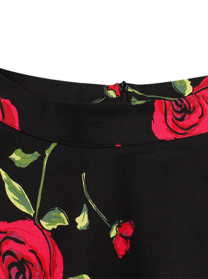 Vintage High Waist Rose Floral Print A Line Skater Midi Skirt with Patterns