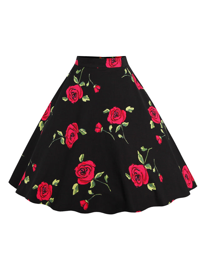 Vintage High Waist Rose Floral Print A Line Skater Midi Skirt with Patterns