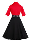 Elegant Short Sleeve Fit and Flare Colorblock Red  Knee Length Christmas Party Homecoming Dress with Belted Back View