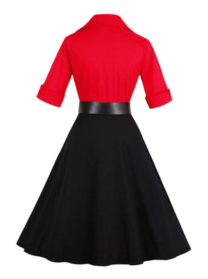 Elegant Short Sleeve Fit and Flare Colorblock Red  Knee Length Christmas Party Homecoming Dress with Belted Back View