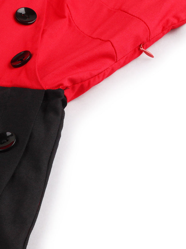 Black and Red Half Sleeves Turn Down Collar Elegant Fit Flare Knee Length Holiday Party Dress for Women Detail View
