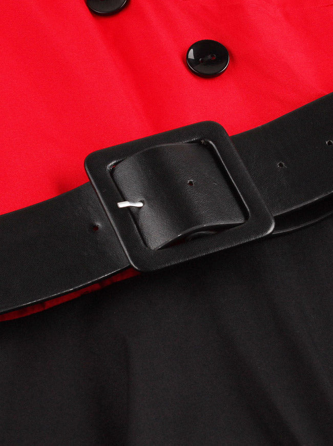 Classic Red and Black Half Sleeve Turn Down Collar Full Circle Flared Style Red Wedding Guest Midi Dress for Women Detail View