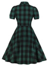 Vintage Retro Plaid Short Sleeve V-Neck Swing Dress with Pocket