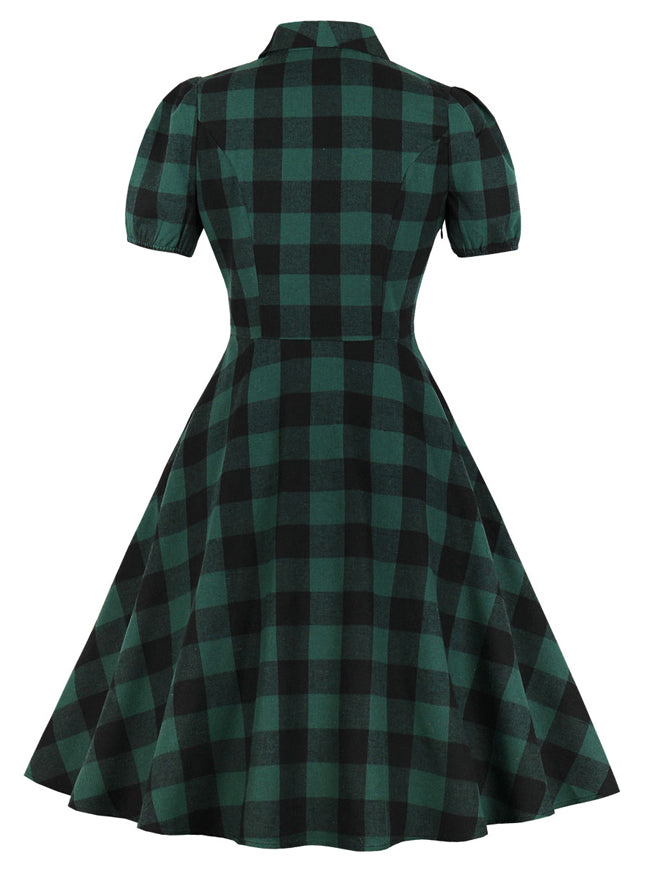 Vintage Retro Plaid Short Sleeve V-Neck Swing Dress with Pocket