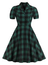 Vintage Retro Plaid Short Sleeve V-Neck Swing Dress with Pocket