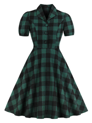 Vintage Retro Plaid Short Sleeve V-Neck Swing Dress with Pocket