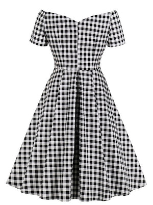 Black White Vintage Off Shoulder Short Sleeve Retro Plaid School Dress for Junior Back View