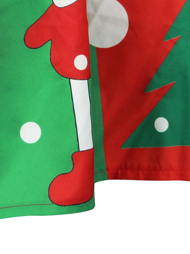Green Red Classic Santa Printed Ugly Christmas Fit and Flare School Skirt for Women Girls Detail View